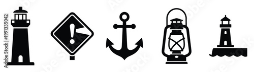 Bold black silhouette icons featuring lighthouses, a ship anchor, a classic lantern, and a road hazard sign for various maritime and travel safety applications.