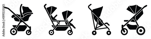 Collection of baby carriages and strollers for infants and toddlers transportation and parental convenience needs