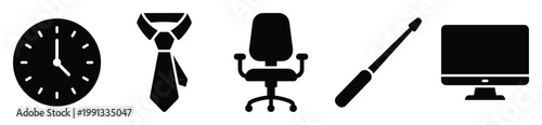 Essential office tools icons clock tie chair pen computer for professional business graphics