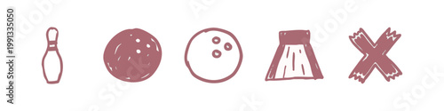 Hand-drawn bowling icons: pin, bowling ball, skirt, cross in pinkish-red