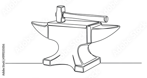 Minimalist one line art of an industrial anvil and hammer symbolizing craftsmanship and hard work for various design purposes