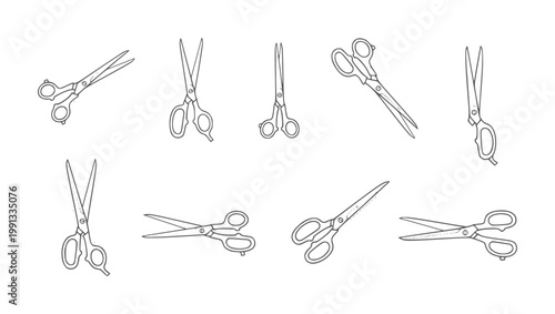 Collection of eight hand drawn scissors in various styles and orientations cutting