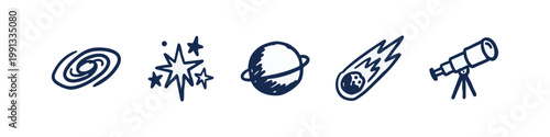 Blue hand-drawn icons related to space exploration and celestial bodies