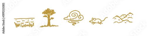 Gold hand-drawn icons depicting nature elements and small creatures