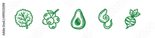 Green hand-drawn icons of healthy vegetables and fruits