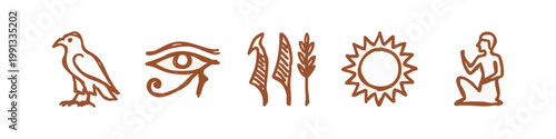 Brown Hand Drawn Ancient Egyptian Symbols Set with Eye of Horus Falcon and Hieroglyphs