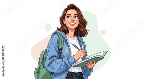 Young Woman Student Holding Notebook and Pen.