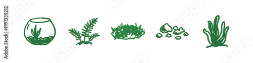 Green Hand Drawn Terrarium and Botanical Icons Set with Fern Grass and Seaweed