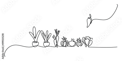 Continuous line drawing of garden vegetables and fruits for healthy eating and natural food promotion