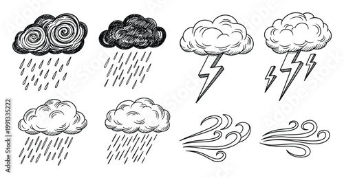 Hand drawn weather symbols featuring stormy clouds, rain, lightning, and wind doodles for various digital projects and educational materials