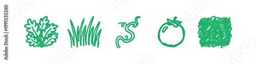 Green Hand Drawn Agricultural and Vegetable Icons Set with Lettuce Tomato and Grass