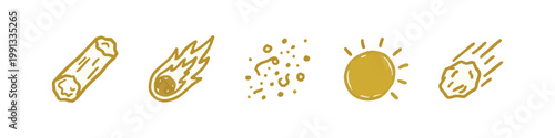 Gold Hand Drawn Outer Space Icons Set with Sun Comet Asteroid and Star Dust