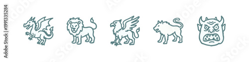 Collection of mythical creatures and animals in teal and grey
