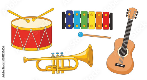 Set of colorful cartoon musical instruments for children.