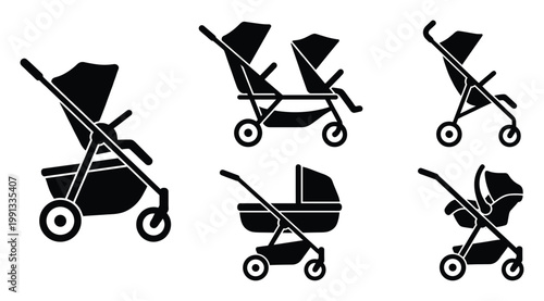 Essential set of baby strollers, prams, and buggies including twin and travel system icons