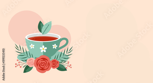 Flat design herbal tea illustration with floral decoration and large empty space for text, organic wellness concept