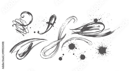 Dark gray ink brush strokes and splatters white splash