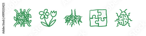 Doodle style icons representing nature, growth, and harmony