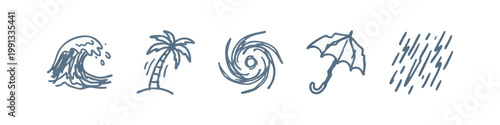 Doodle style icons representing natural disasters and weather