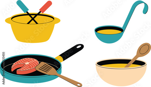 Minimal cooking utensils set with fondue pot ladle pan and mixing bowl flat vector kitchen illustration on white background