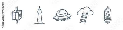 Doodle icons: vacuum tube, tower, ufo, ladder to cloud, alien in capsule
