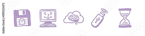 Doodle icons: floppy disk, computer, brain in cloud, USB drive, hourglass
