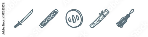 Doodle icons: katana, sword handle, yin yang, wooden chopsticks, tassel