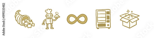 Doodle icons: cornucopia, robot chef, infinity symbol, vending machine, gift box