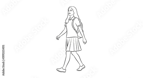 Young woman walking with a backpack, focused on the main subject.