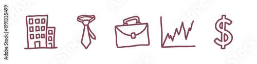 Doodle icons: office buildings, tie, briefcase, graph, dollar sign
