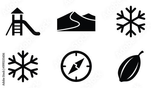 Black icons of playground, mountains, snowflake, compass, and seed for digital and print media projects