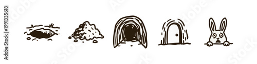 Five hand-drawn illustrations related to rabbit burrows and a rabbit