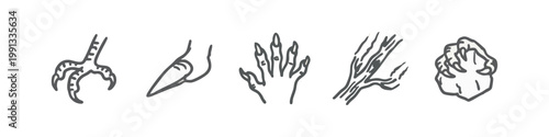 Collection of five hand-drawn icons representing animal paws and claws