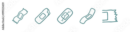 Set of 5 hand-drawn icons: torn bandage, band-aid, cracked band-aid, medical plaster