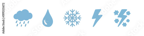 Set of 5 hand-drawn icons: cloud with rain, water drop, snowflake, lightning bolt, storm