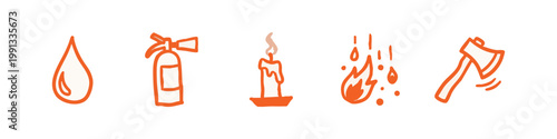 Set of 5 hand-drawn icons: water drop, fire extinguisher, candle, fire, axe