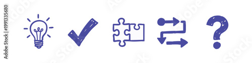 Set of 5 hand-drawn icons: lightbulb, checkmark, puzzle piece, arrows, question mark