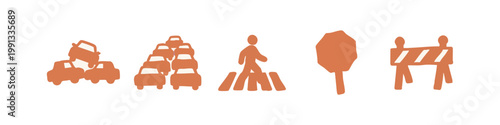 Set of 5 hand-drawn icons: soldier, traffic jam, pedestrian crossing, traffic sign, barrier