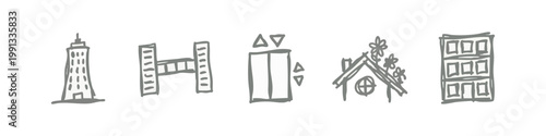 Set of 5 doodle icons: skyscraper, bridge, elevator, house with flowers, apartment building.