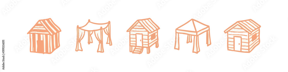Fototapeta premium Peach doodle icons of huts and shelters: beach hut, cabana, canopy.