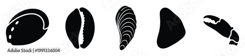 Collection of diverse black shellfish and crustacean silhouettes for seafood industry promotion and culinary presentations