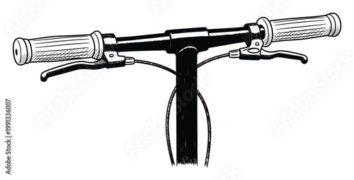 Monochrome line art drawing of a scooter handlebar with hand grips and brake levers for sports and urban mobility themes