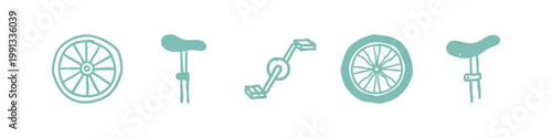 Teal doodle icons related to cycling: wheel, seat, pedals.