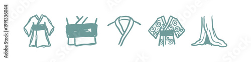 Hand-drawn blue icons of Japanese kimonos and traditional attire