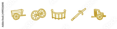 Hand-drawn golden icons of historical objects and transportation
