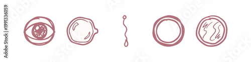 Hand-drawn icons of eye, abstract shapes, and circular forms