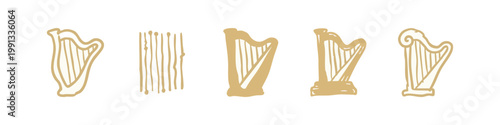 Hand-drawn golden icons of harps and musical staves