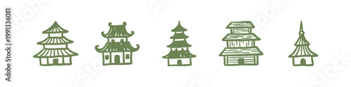 Hand-drawn green icons of Asian pagodas and towers