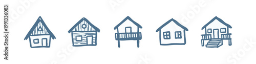 Hand-drawn blue icons of houses and small buildings
