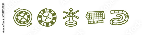 Hand-drawn green icons of casino and game elements